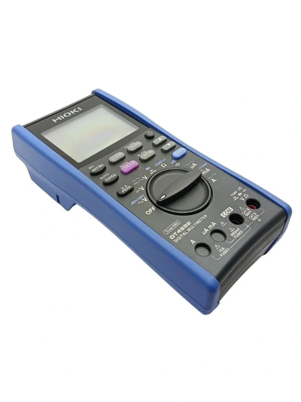 Angled front view of Hioki DT4282 True RMS digital multimeter with rotary dial and input terminals