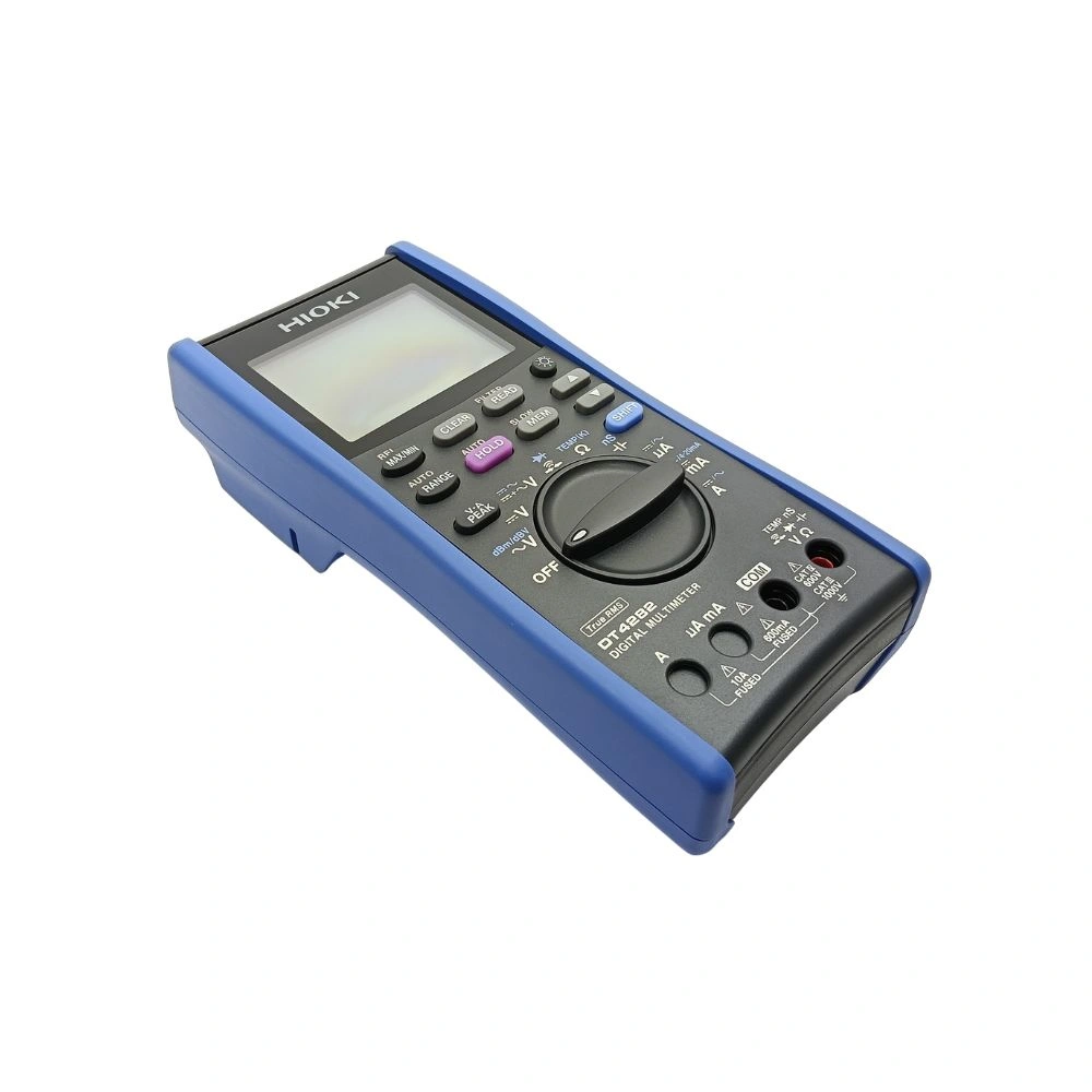 Angled front view of Hioki DT4282 True RMS digital multimeter with rotary dial and input terminals