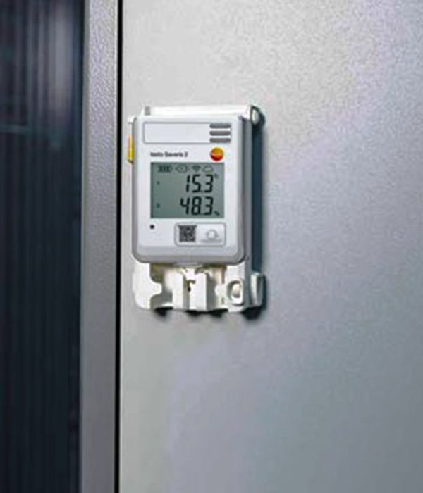 Testo Saveris 2-T2 WiFi data logger mounted on cold storage wall for temperature monitoring