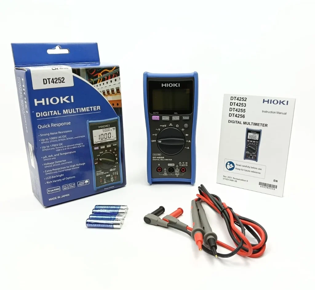 Hioki DT4252 Digital Multimeter 1 Hioki Dt4252 Digital Multimeter Box Contents Including Test Leads L9207-10, Aaa Batteries, Instruction Manual, And Original Retail Packaging