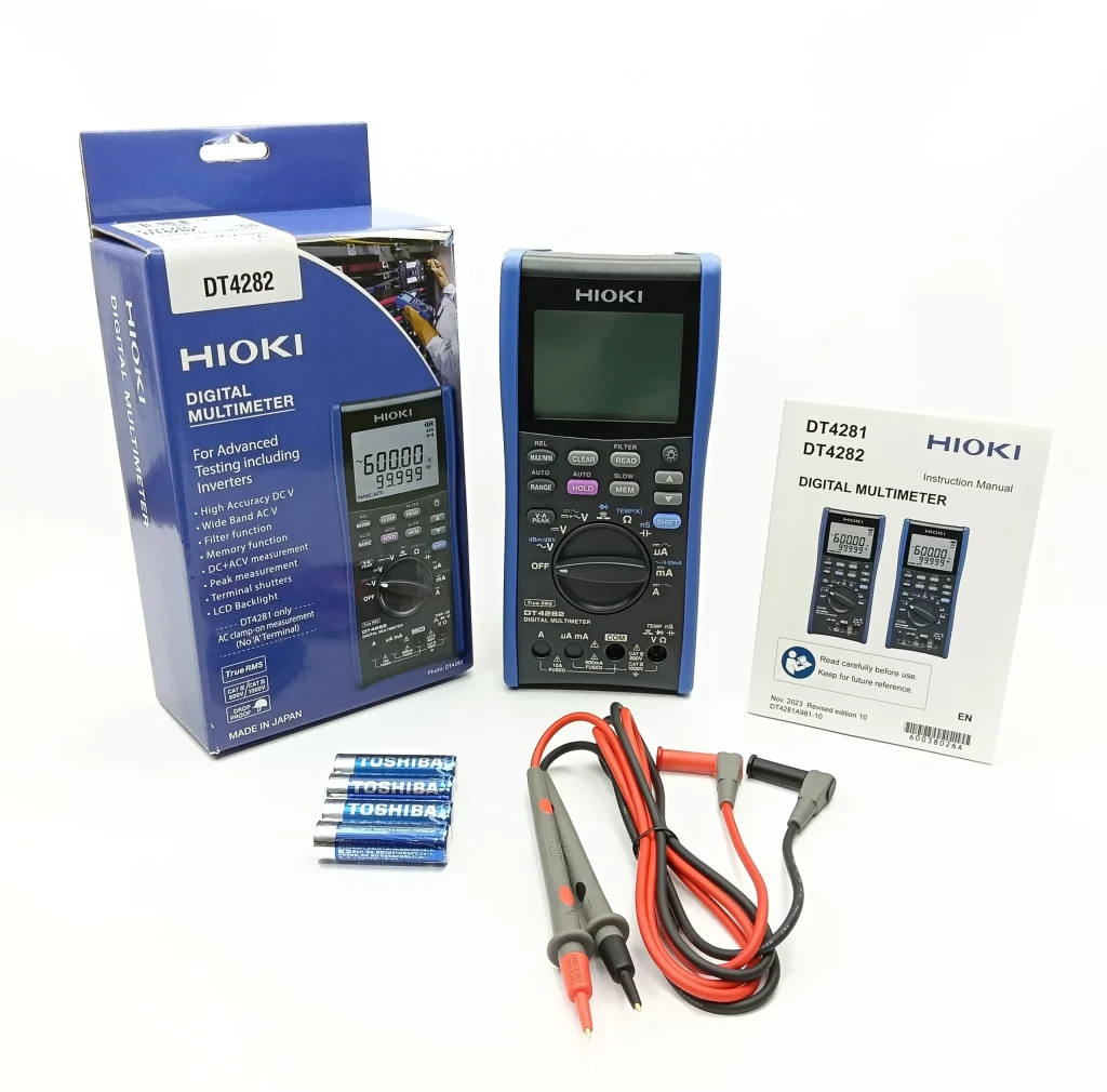Hioki DT4282 High-Precision Digital Multimeter (10A, 60,000 Counts) 1 Hioki Dt4282 High-Precision Digital Multimeter Package Contents Showing Original Box, Test Leads, Toshiba Aa Batteries, And Instruction Manual