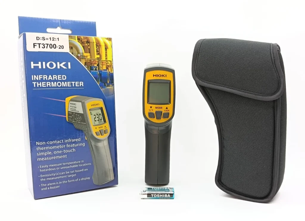 Hioki FT3700-20 Infrared Thermometer 1 Hioki Ft3700-20 Non-Contact Infrared Thermometer Package Including Original Box, Protective Carrying Case, And Aaa Alkaline Batteries