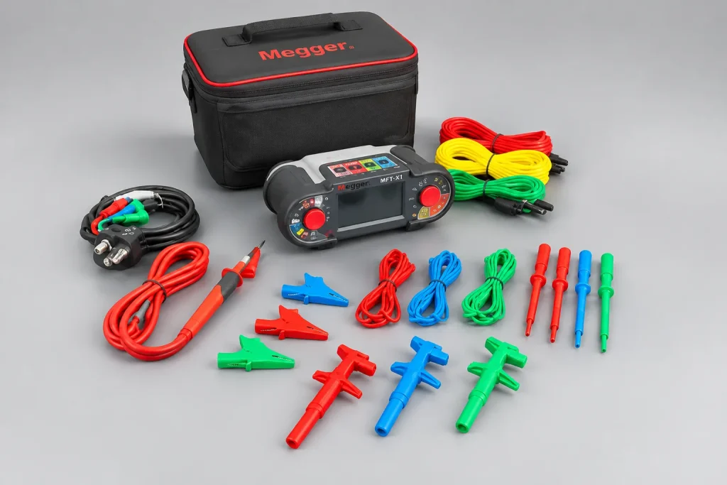 Megger MFT-X1 Multifunction Tester 1 Megger Mft-X1 Multifunction Tester Kit Including Hard Carrying Case, Test Leads, Probes, And Alligator Clips Arranged On A Professional Studio Backdrop