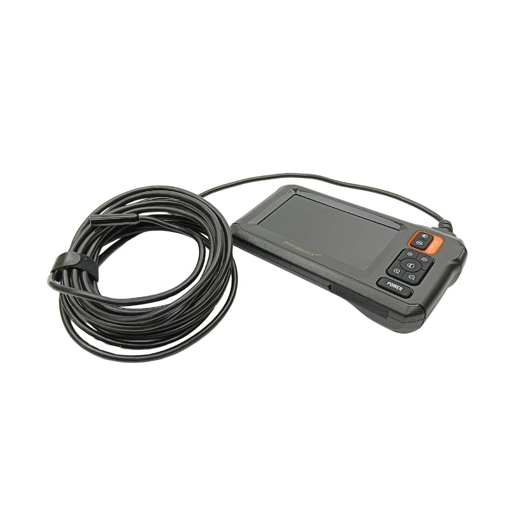 Marmonix MVS-205-8H handheld video inspection camera angled view with keypad and coiled cable"