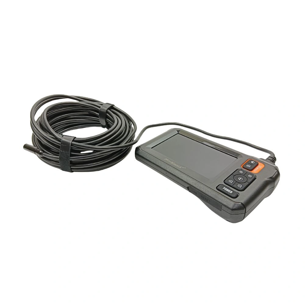 "Marmonix MVS-210-8H handheld inspection camera angled view showing control buttons and coiled probe cable"