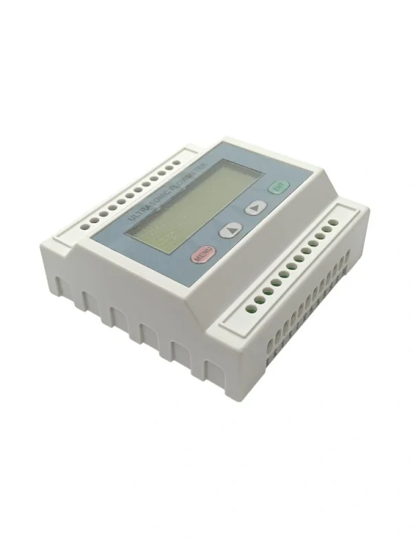 "Marmonix MFU-6100 digital ultrasonic flowmeter angled view with display and terminal blocks"