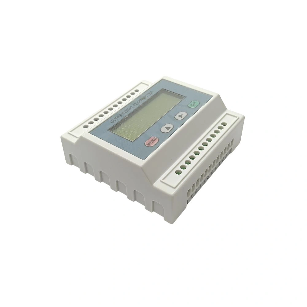 "Marmonix MFU-6100 digital ultrasonic flowmeter angled view with display and terminal blocks"