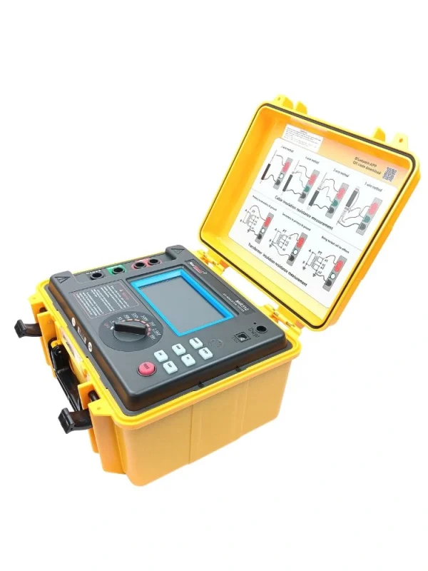 Marmonix MIR-510 5kV digital insulation resistance tester open in yellow heavy-duty rugged protective carrying case