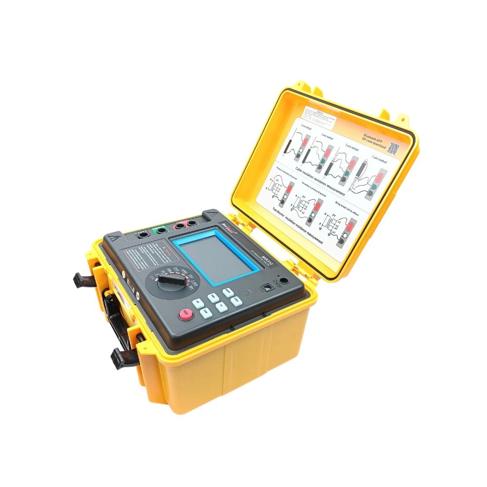 Marmonix MIR-510 5kV digital insulation resistance tester open in yellow heavy-duty rugged protective carrying case