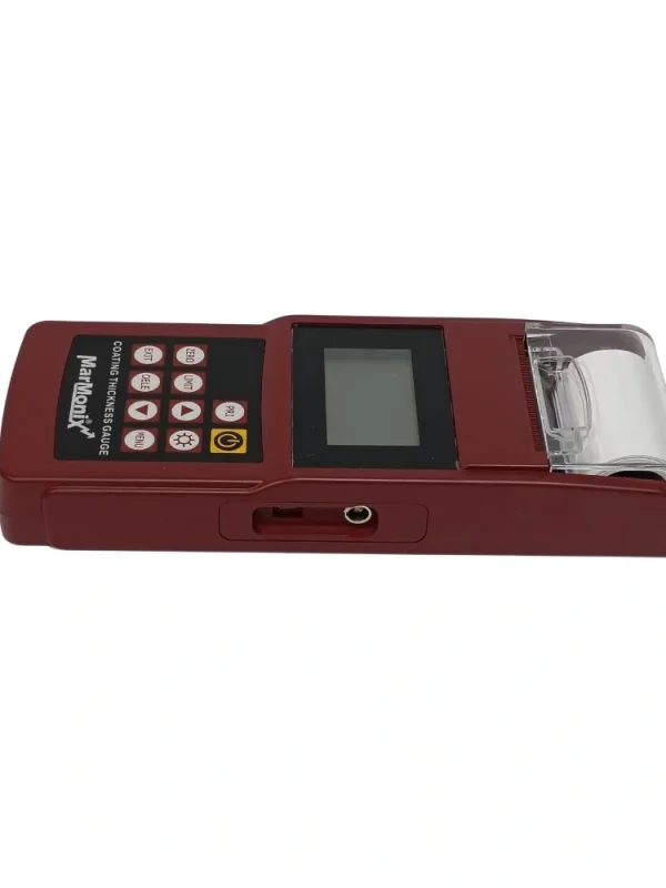Side profile of MarMonix MHT-820-DSP coating thickness gauge with integrated thermal printer and probe socket