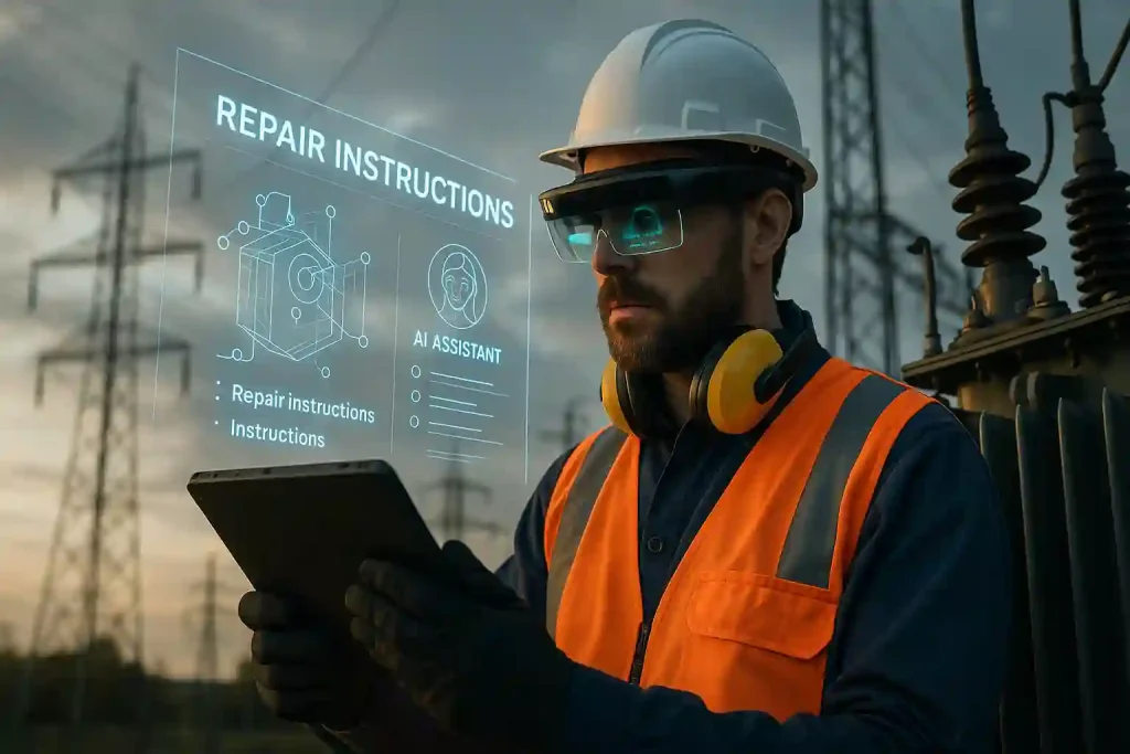 Electric Technician Using Ai-Powered Tablet For Real-Time Grid Repair
