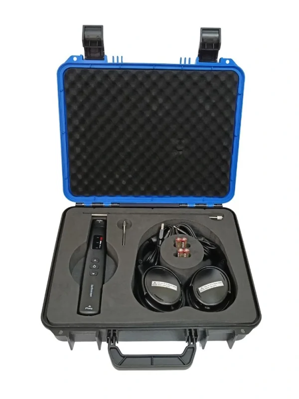 MarMonix MES-111 electronic stethoscope kit in open blue hard carrying case with headphones, probes, and AAA batteries
