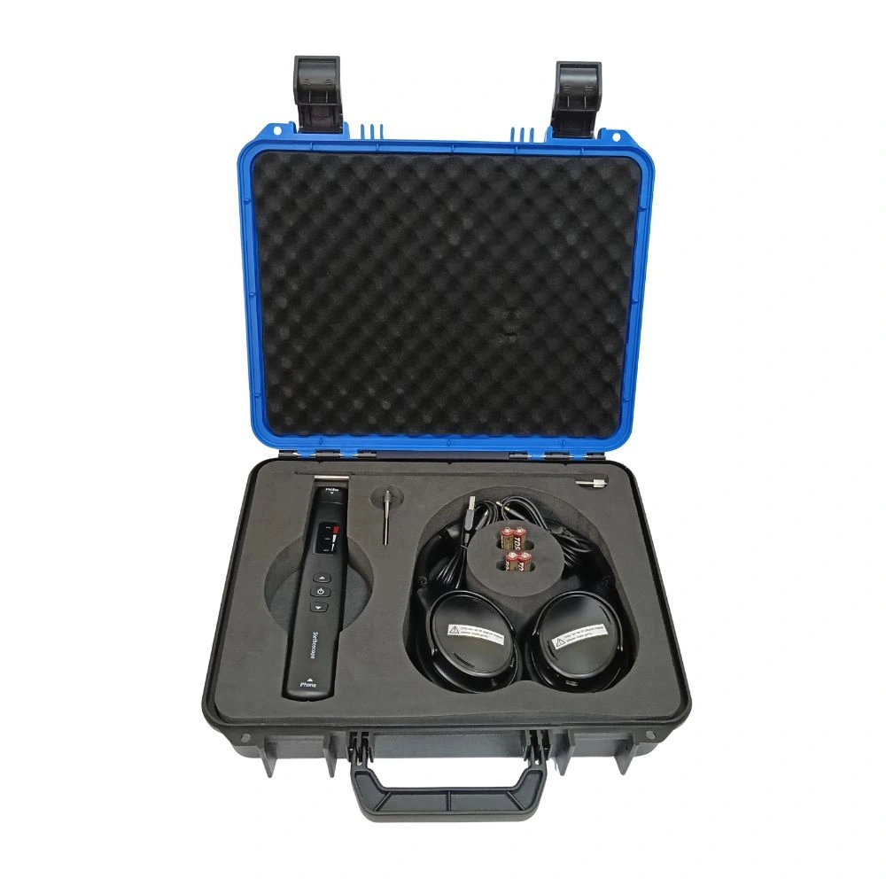 MarMonix MES-111 electronic stethoscope kit in open blue hard carrying case with headphones, probes, and AAA batteries