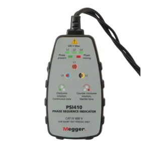 MEGGER PSI410 Phase Sequence Indicator – CAT IV 600 V, LED & Audible Phase Rotation Tester