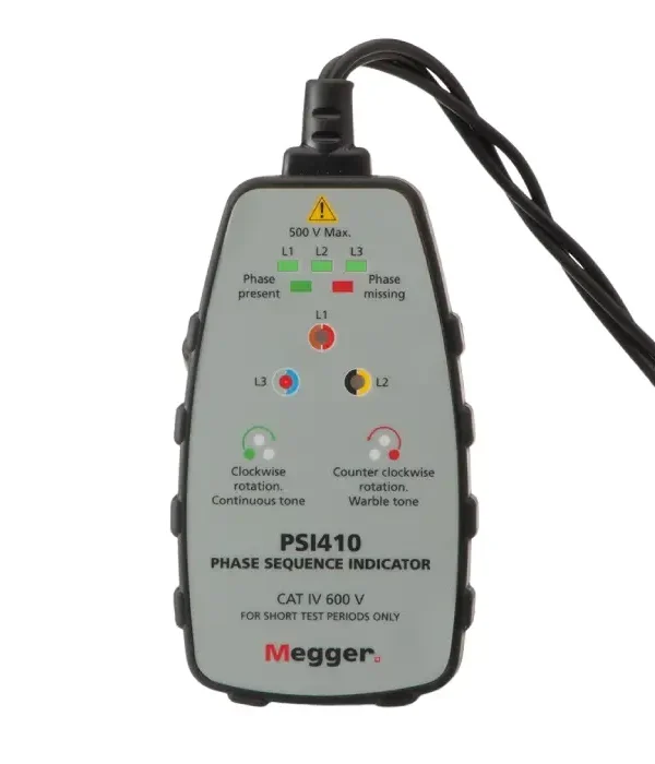 MEGGER PSI410 Phase Sequence Indicator – CAT IV 600 V, LED & Audible Phase Rotation Tester