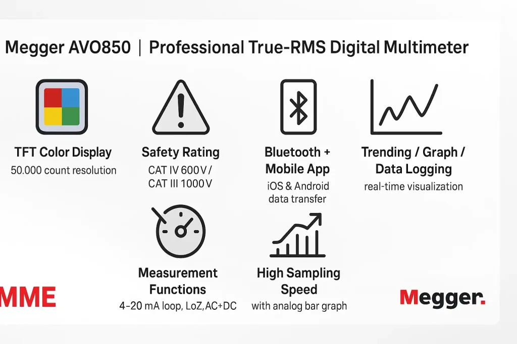 Megger AVO850 Advanced True-RMS Multimeter – 50,000 Count TFT, Bluetooth Data Logging 1 Megger AVO850 infographic