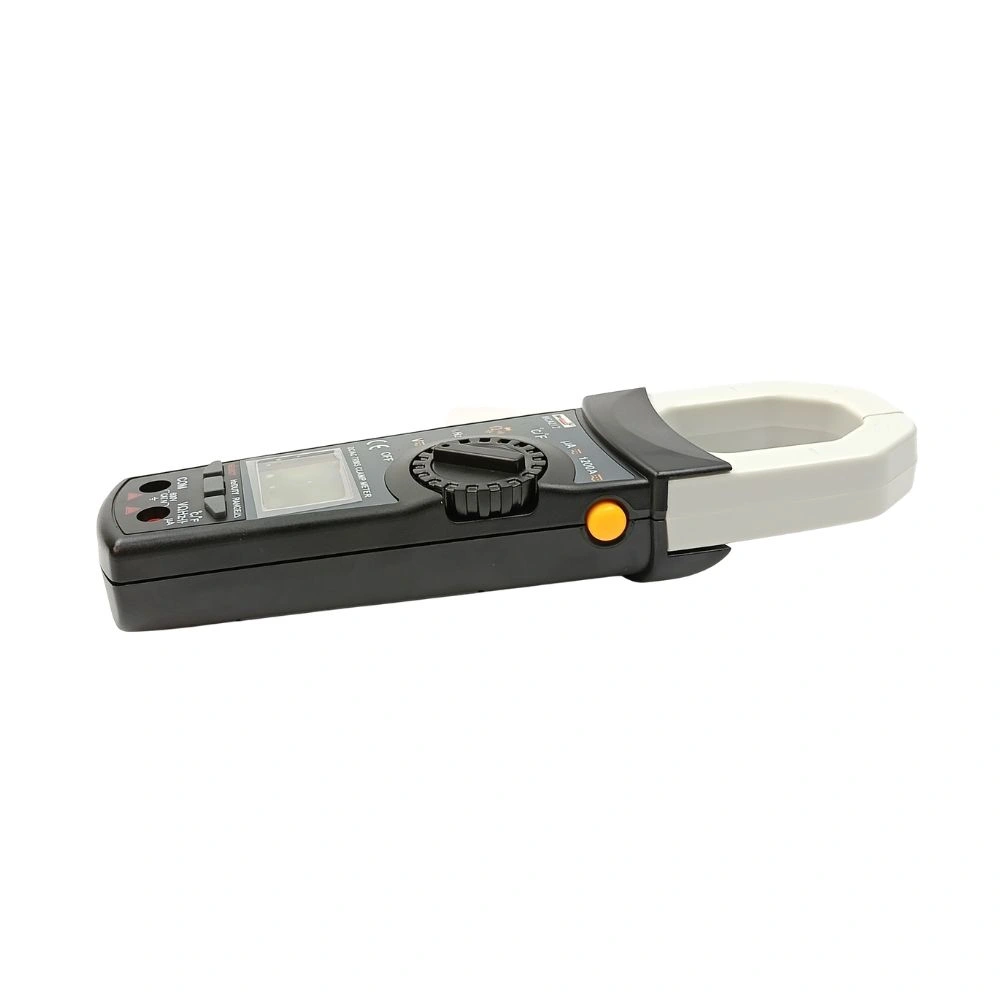 Side angle view of Marmonix MCA-212 True RMS AC/DC clamp meter showing rotary selector dial and yellow hold button