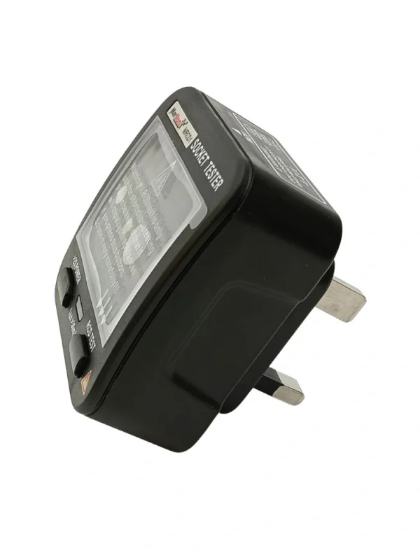Marmonix MRCD-1 socket tester with UK Type G plug and LCD wiring fault display, angled view