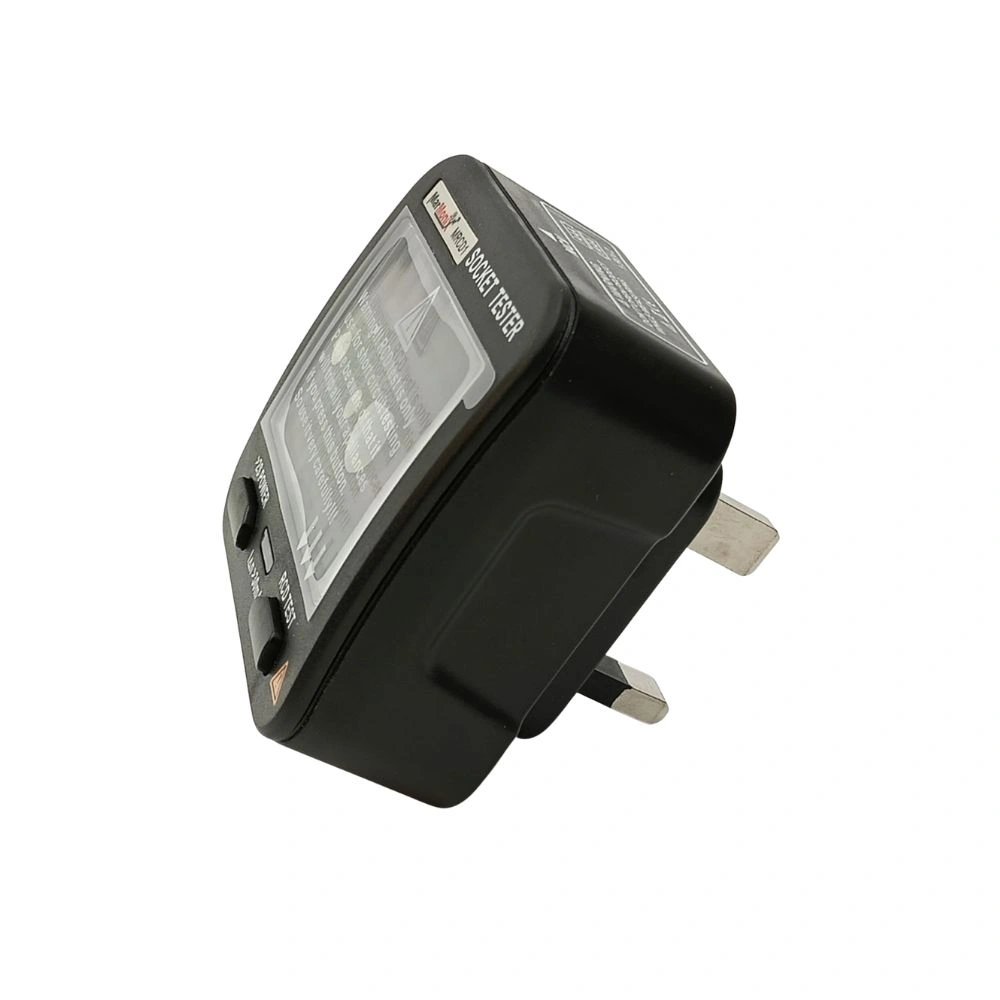 Marmonix MRCD-1 socket tester with UK Type G plug and LCD wiring fault display, angled view