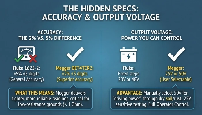 Fluke 1625-2 vs Megger DET4TCR2: The Honest Field Review (2026 Update) 3 The Hidden Specs: Accuracy & Output Voltage