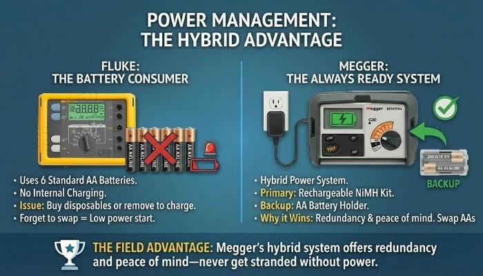 Fluke 1625-2 vs Megger DET4TCR2: The Honest Field Review (2026 Update) 6 3. Power Management: The Hybrid Advantage