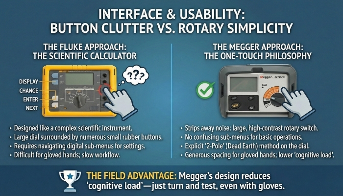 Fluke 1625-2 vs Megger DET4TCR2: The Honest Field Review (2026 Update) 5 2. Interface & Usability Button Clutter vs. Rotary Simplicity