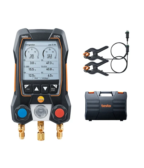 testo 550s Basic Kit - Smart digital manifold with fixed cable clamp temperatureprobes (with sightglass)