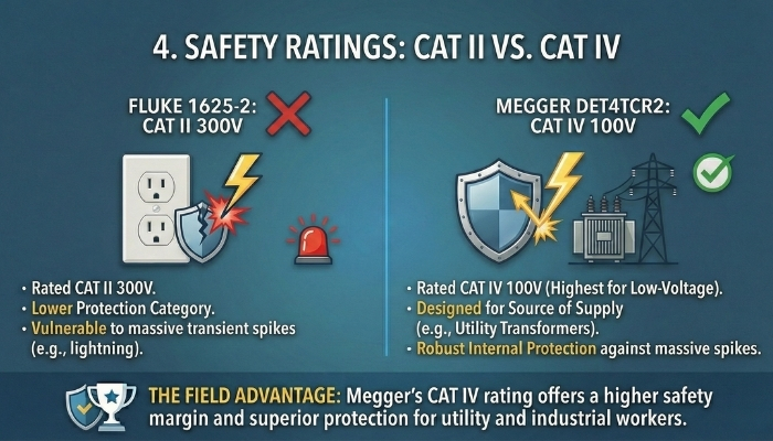Fluke 1625-2 vs Megger DET4TCR2: The Honest Field Review (2026 Update) 7 4. Safety Ratings: CAT II vs. CAT IV
