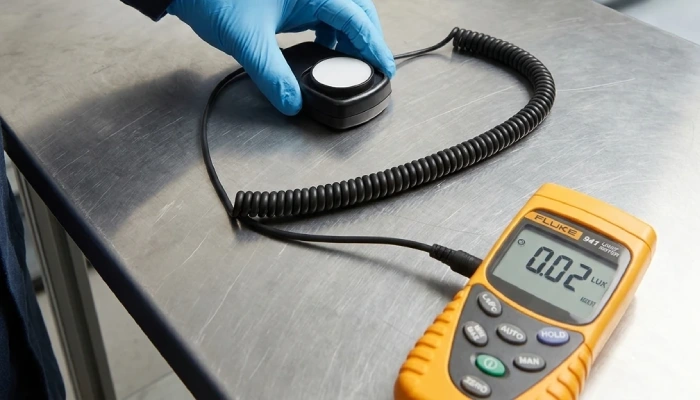 Fluke 941 Light Meter Review: Accurate Lux and Foot-Candle Measurement for Professional Lighting Surveys 1 Technician Conducting Workplace Illumination Check Using Fluke 941 Remote Sensor Without Casting Shadow