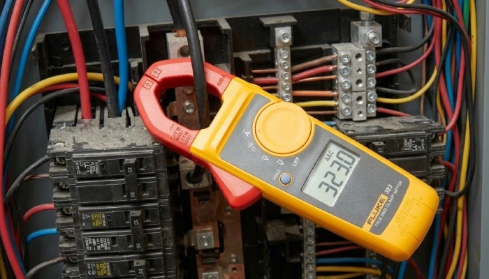 Fluke 323 Clamp Meter Review: Specifications, Accuracy & Applications 1 Fluke 323 Clamp Meter Measuring Ac Current In A Crowded Electrical Panel