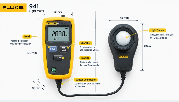 Fluke 941 Light Meter Review: Accurate Lux and Foot-Candle Measurement for Professional Lighting Surveys 2 Technical Diagram Highlighting Fluke 941 Dimensions, Lcd Layout, And Silicon Photodiode Sensor Probe