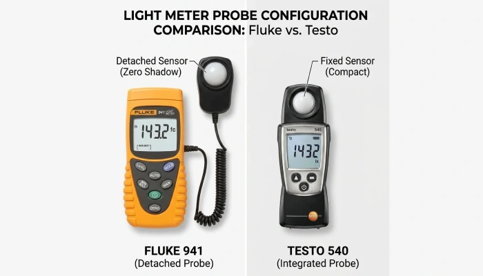 Fluke 941 Light Meter Review: Accurate Lux and Foot-Candle Measurement for Professional Lighting Surveys 3 Side By Side Comparison Between Fluke 941 Detached Sensor Design And Testo 540 Compact Light Meter