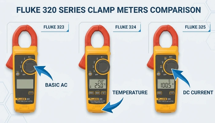 Fluke 323 Clamp Meter Review: Specifications, Accuracy & Applications 4 Comparison Infographic Of Fluke 323 Vs Fluke 324 Vs Fluke 325 Clamp Meters