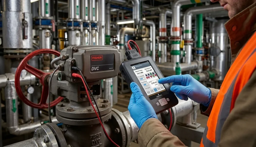 Using HART Communicators in Oil & Gas Operations 4 An engineer using a handheld field communicator to calibrate a large digital valve controller (Fisher DVC) on a heavy-duty control valve. Industrial plant background, high-tech maintenance workflow, focus on the interaction between the handheld tool and the smart valve positioner. 8k, photorealistic, clean composition.