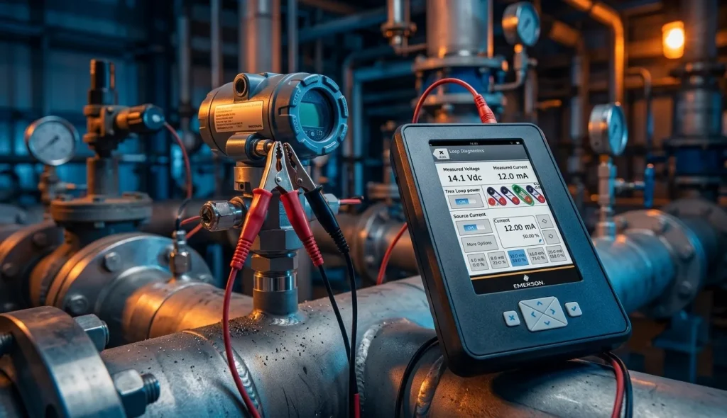 Using HART Communicators in Oil & Gas Operations 2 Close-up shot of a rugged handheld field communicator connected to a smart pressure transmitter on an industrial pipeline. Professional lighting, technical atmosphere. Focus on the red and black lead wires and the bright touchscreen displaying 4-20mA loop diagnostics. Industrial blue and orange color palette, hyper-realistic, macro photography.