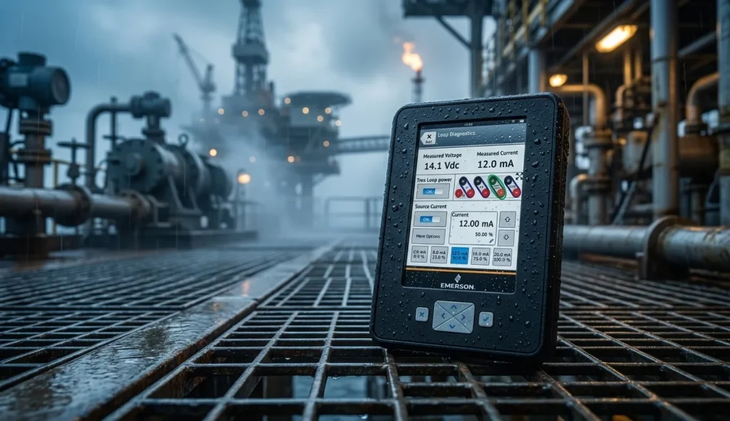 Using HART Communicators in Oil & Gas Operations 5 A rugged, intrinsically safe HART communicator sitting on a metal grating floor of an offshore oil rig. Rain droplets on the device body, misty background with industrial machinery. Dramatic industrial lighting, realistic textures, showing the durability and IP54 rating of the device. Professional engineering aesthetic.