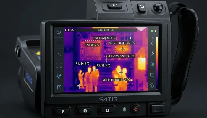 SATIR PX-100 Review: The Ultimate 1024x768 Industrial Thermal Camera 1 5.8-Inch Capacitive Touchscreen On Satir Px-100 Showing Real-Time Radiometric Thermal Analysis