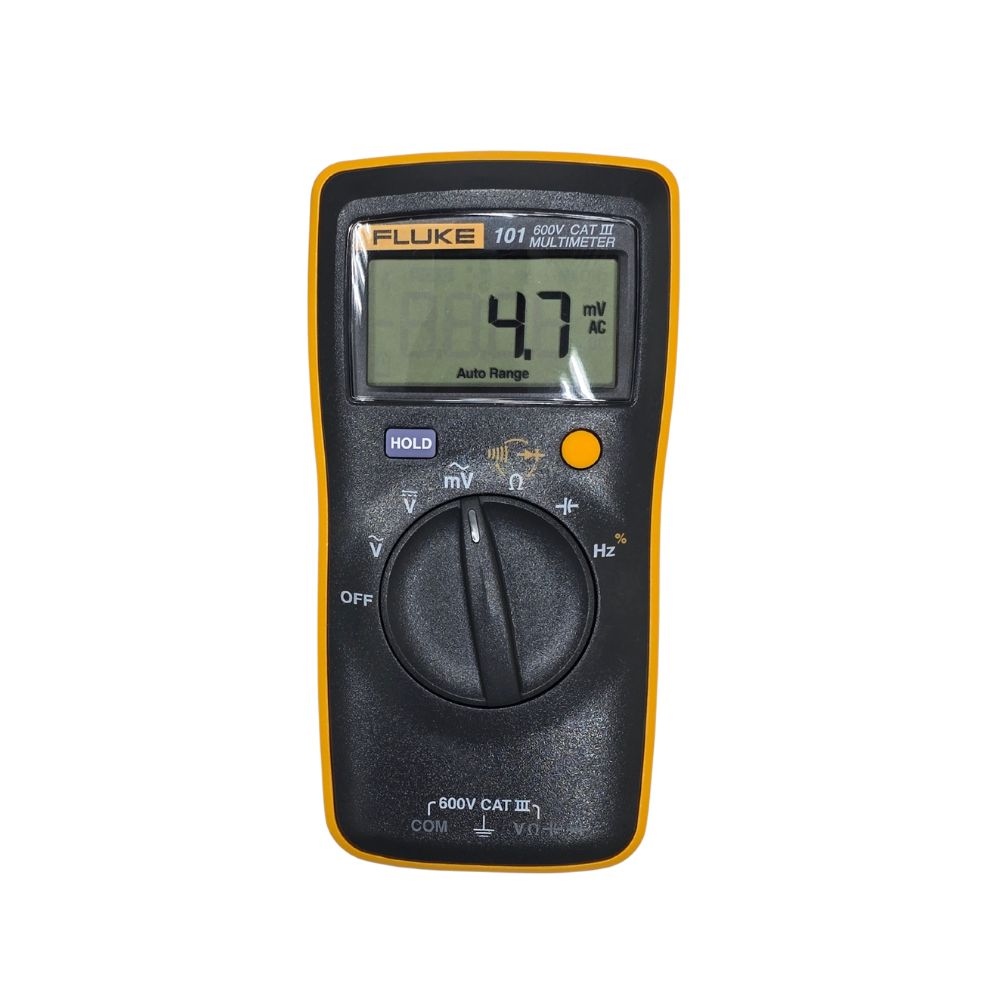 Fluke 101 Basic Pocket Digital Multimeter front view showing LCD screen and rotary dial CAT III 600V