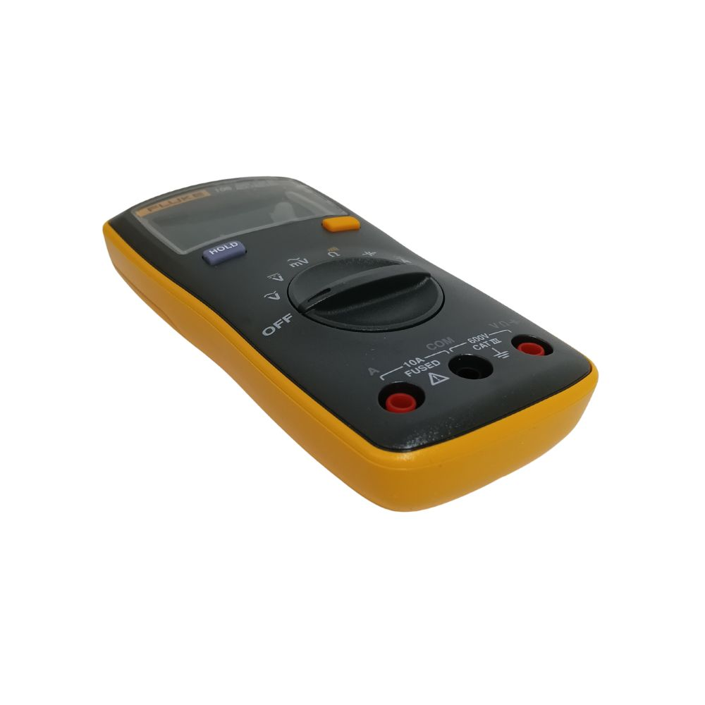 Angled view of the yellow and black Fluke 106 digital multimeter