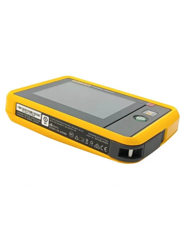 Side view of Fluke PTi120 Pocket Thermal Imager showing technical specifications and serial label