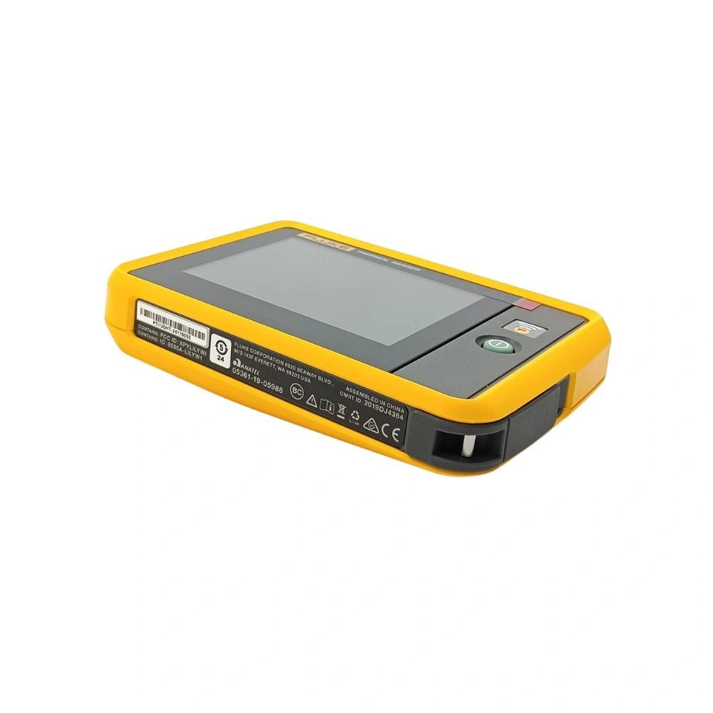 Side view of Fluke PTi120 Pocket Thermal Imager showing technical specifications and serial label
