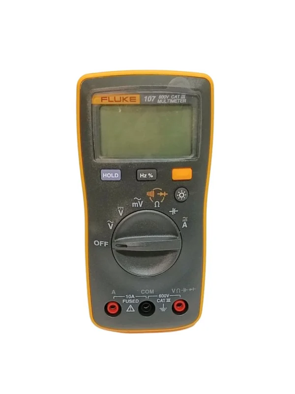 Fluke 107 compact digital multimeter front view with LCD display and CAT III 600V rating