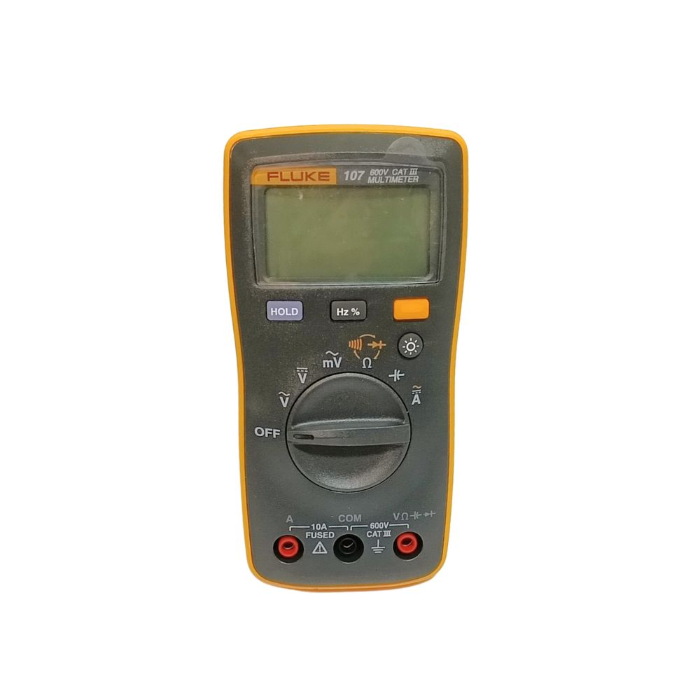 Fluke 107 compact digital multimeter front view with LCD display and CAT III 600V rating