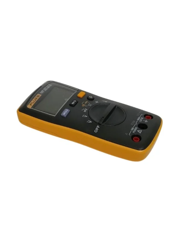 Fluke 107 palm-sized digital multimeter angled front view showing rotary switch and display
