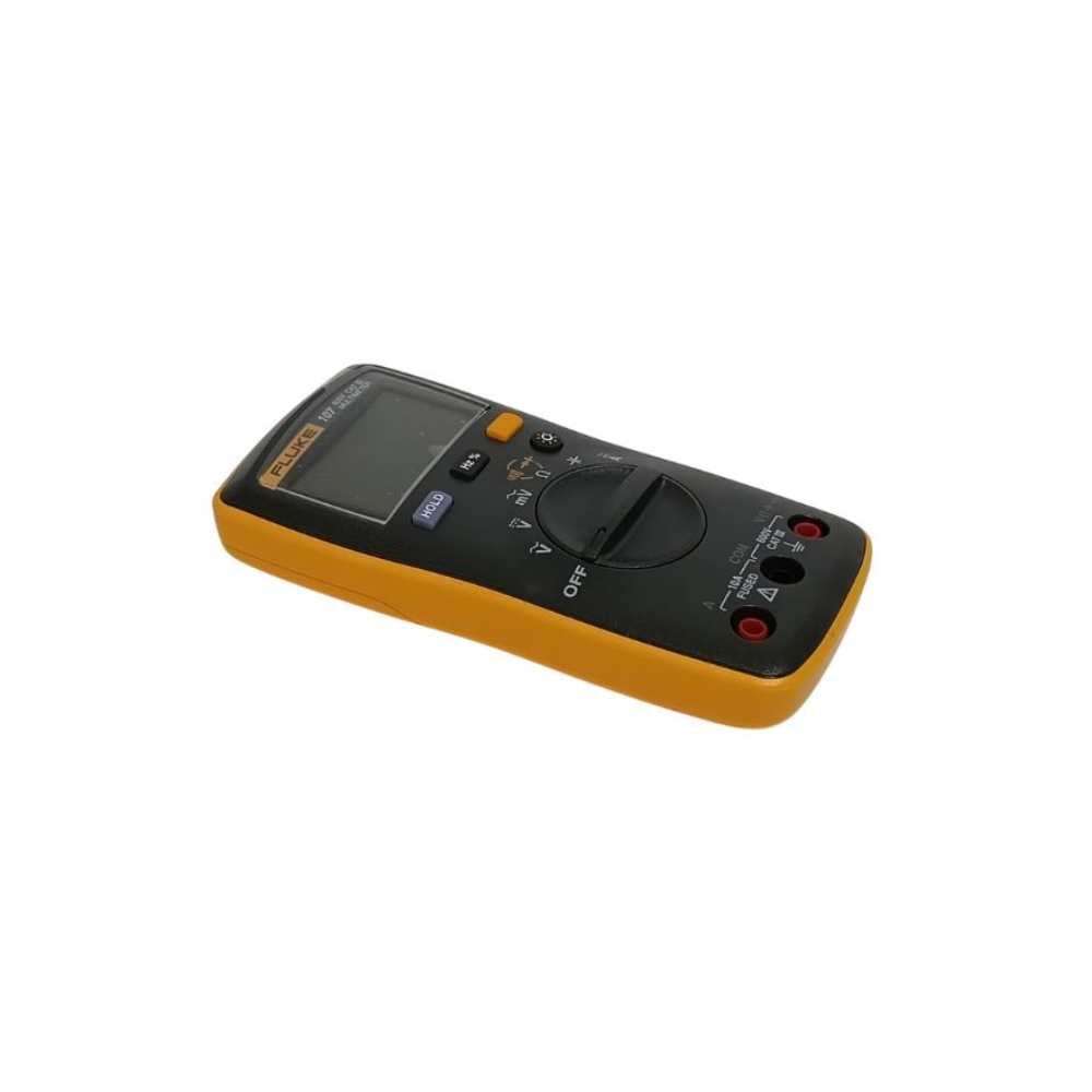 Fluke 107 palm-sized digital multimeter angled front view showing rotary switch and display