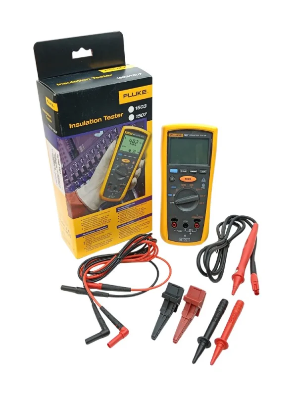 Fluke 1507 Insulation Tester complete package with original retail box, silicone test leads, alligator clips, and remote probe