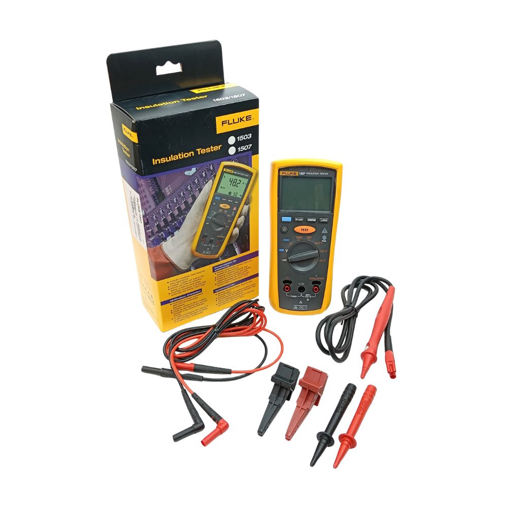 Fluke 1507 Insulation Tester complete package with original retail box, silicone test leads, alligator clips, and remote probe