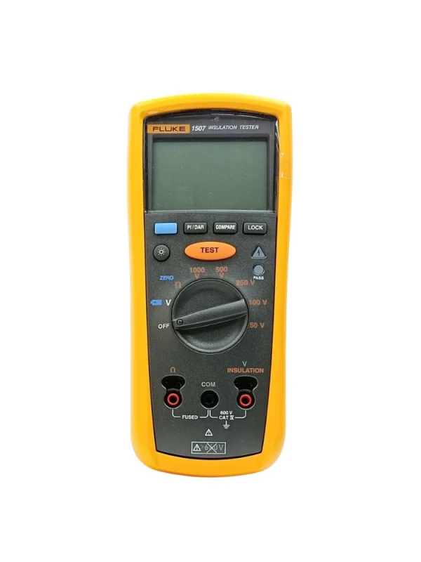 Fluke 1507 Insulation Resistance Tester front view showing digital LCD display, rotary dial, test button, and input jacks