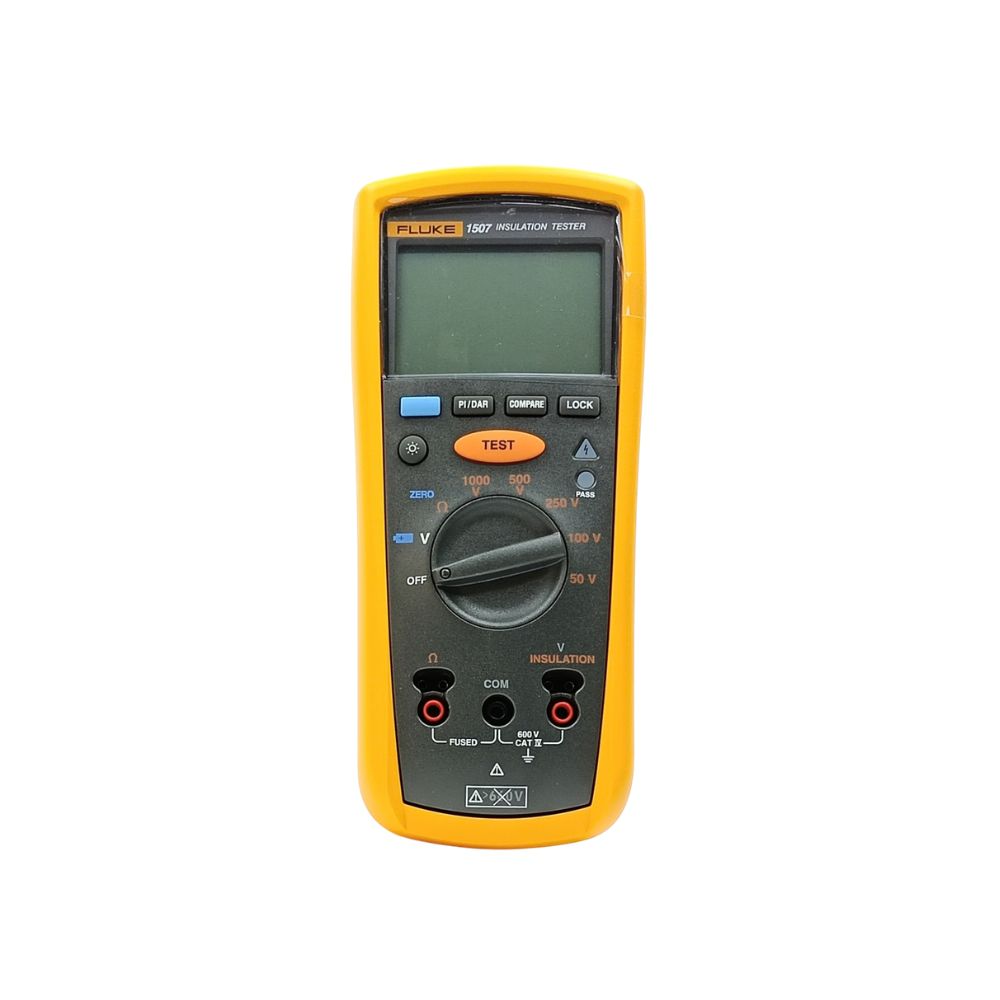 Fluke 1507 Insulation Resistance Tester front view showing digital LCD display, rotary dial, test button, and input jacks