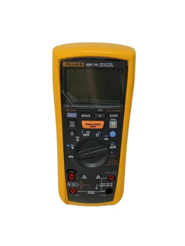 Front view of Fluke 1587 FC insulation multimeter with insulation test button and rotary dial